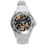 Background Pattern Leaves Texture Round Plastic Sport Watch (L)