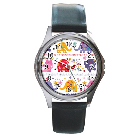 African Elephant Cute Cartoon Seamless Shading Cartoon Character Round Metal Watch from ArtsNow.com Front