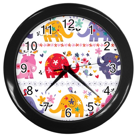 African Elephant Cute Cartoon Seamless Shading Cartoon Character Wall Clock (Black) from ArtsNow.com Front