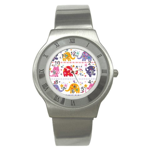 African Elephant Cute Cartoon Seamless Shading Cartoon Character Stainless Steel Watch from ArtsNow.com Front