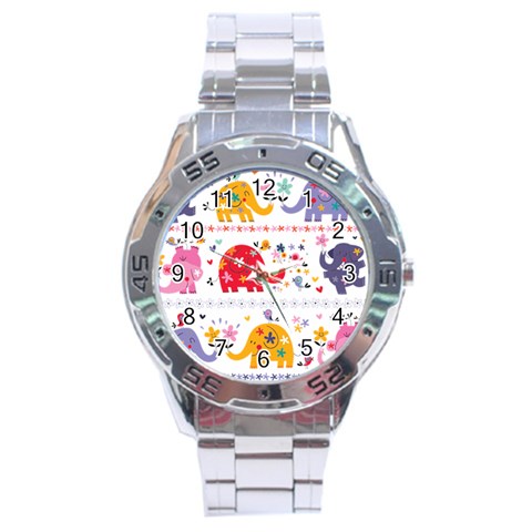 African Elephant Cute Cartoon Seamless Shading Cartoon Character Stainless Steel Analogue Watch from ArtsNow.com Front