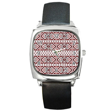 Ukrainian Folk Seamless Pattern Ornament Square Metal Watch from ArtsNow.com Front