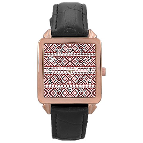 Ukrainian Folk Seamless Pattern Ornament Rose Gold Leather Watch  from ArtsNow.com Front