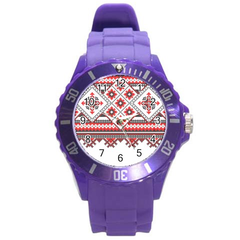 Retro Knitting Patterns Seamless Round Plastic Sport Watch (L) from ArtsNow.com Front