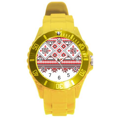 Retro Knitting Patterns Seamless Round Plastic Sport Watch (L) from ArtsNow.com Front