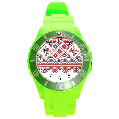 Retro Knitting Patterns Seamless Round Plastic Sport Watch (L) from ArtsNow.com Front