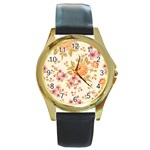 Peony Flower Pattern Background Round Gold Metal Watch