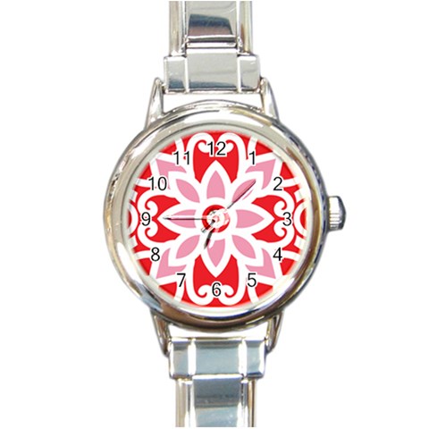 A Red And White Pattern With A Flower On It Round Italian Charm Watch from ArtsNow.com Front