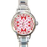 A Red And White Pattern With A Flower On It Round Italian Charm Watch