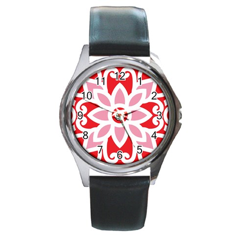 A Red And White Pattern With A Flower On It Round Metal Watch from ArtsNow.com Front