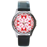 A Red And White Pattern With A Flower On It Round Metal Watch