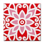 A Red And White Pattern With A Flower On It Tile Coaster