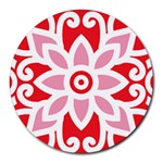 A Red And White Pattern With A Flower On It Round Mousepad