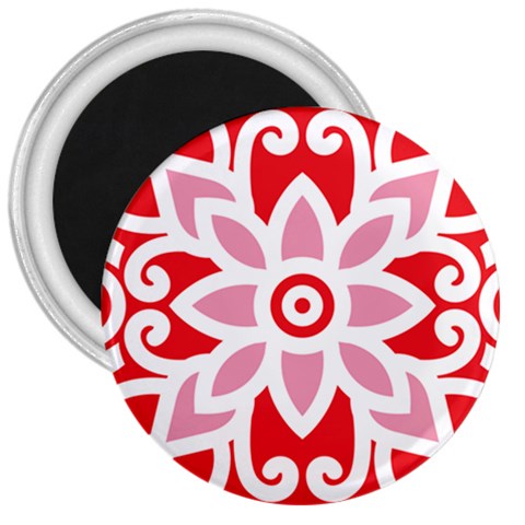 A Red And White Pattern With A Flower On It 3  Magnets from ArtsNow.com Front