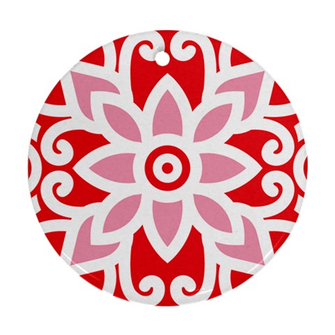 A Red And White Pattern With A Flower On It Ornament (Round) from ArtsNow.com Front