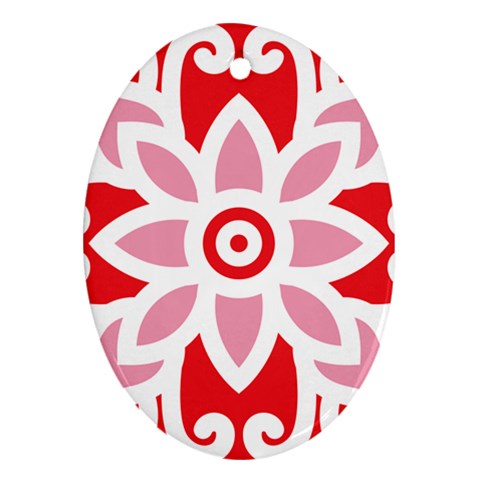 A Red And White Pattern With A Flower On It Ornament (Oval) from ArtsNow.com Front