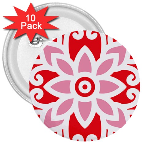 A Red And White Pattern With A Flower On It 3  Buttons (10 pack)  from ArtsNow.com Front