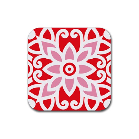 A Red And White Pattern With A Flower On It Rubber Coaster (Square) from ArtsNow.com Front