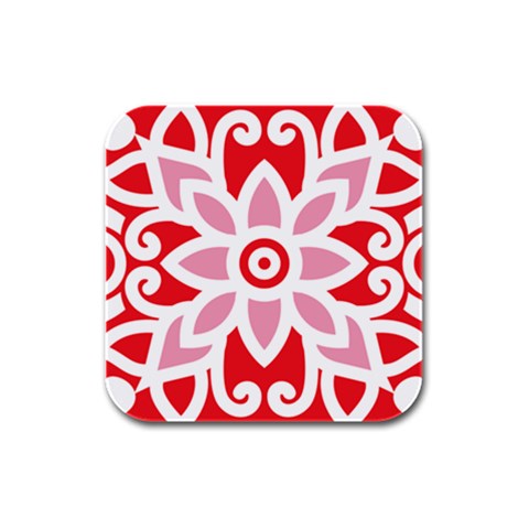 A Red And White Pattern With A Flower On It Rubber Square Coaster (4 pack) from ArtsNow.com Front