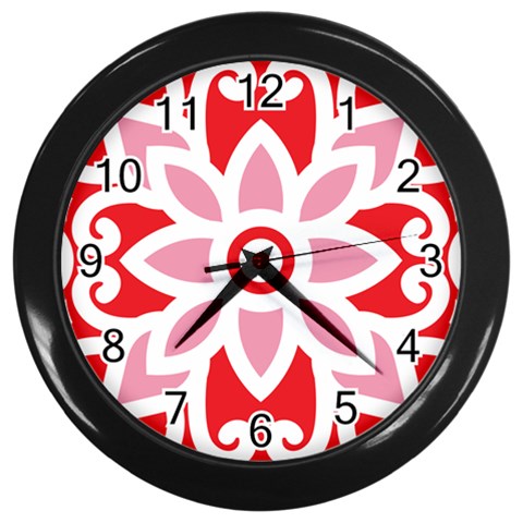 A Red And White Pattern With A Flower On It Wall Clock (Black) from ArtsNow.com Front