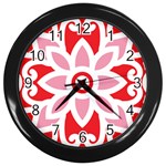 A Red And White Pattern With A Flower On It Wall Clock (Black)