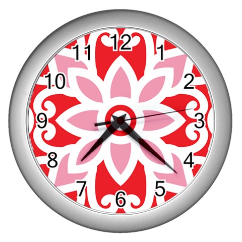 A Red And White Pattern With A Flower On It Wall Clock (Silver) from ArtsNow.com Front