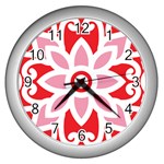 A Red And White Pattern With A Flower On It Wall Clock (Silver)