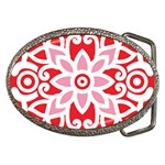 A Red And White Pattern With A Flower On It Belt Buckles