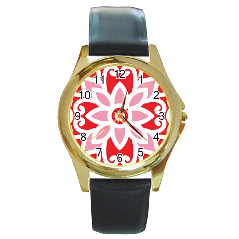 A Red And White Pattern With A Flower On It Round Gold Metal Watch from ArtsNow.com Front