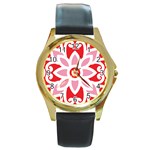 A Red And White Pattern With A Flower On It Round Gold Metal Watch