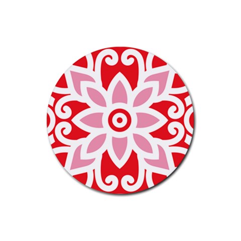 A Red And White Pattern With A Flower On It Rubber Round Coaster (4 pack) from ArtsNow.com Front