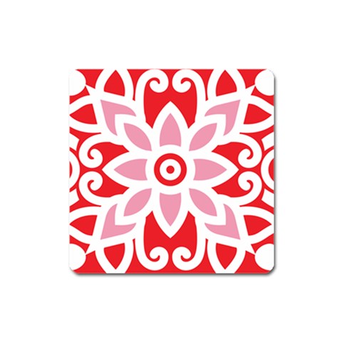 A Red And White Pattern With A Flower On It Square Magnet from ArtsNow.com Front