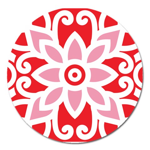 A Red And White Pattern With A Flower On It Magnet 5  (Round) from ArtsNow.com Front