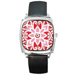 A Red And White Pattern With A Flower On It Square Metal Watch