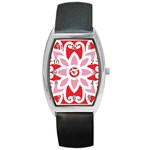 A Red And White Pattern With A Flower On It Barrel Style Metal Watch