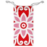 A Red And White Pattern With A Flower On It Jewelry Bag