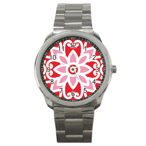 A Red And White Pattern With A Flower On It Sport Metal Watch from ArtsNow.com Front