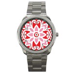 A Red And White Pattern With A Flower On It Sport Metal Watch