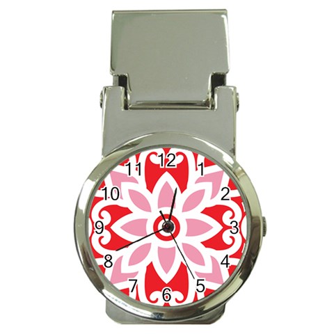 A Red And White Pattern With A Flower On It Money Clip Watches from ArtsNow.com Front