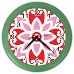 A Red And White Pattern With A Flower On It Color Wall Clock