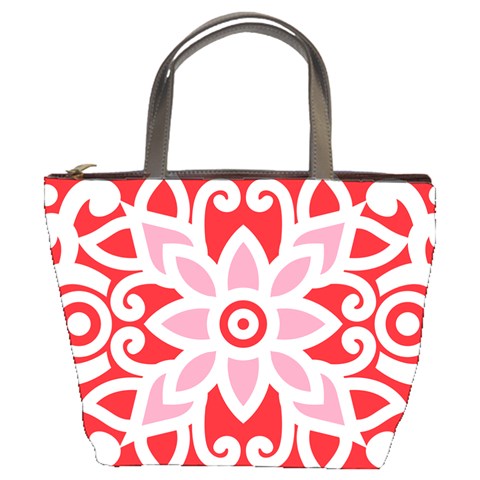 A Red And White Pattern With A Flower On It Bucket Bag from ArtsNow.com Front