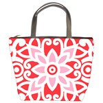 A Red And White Pattern With A Flower On It Bucket Bag