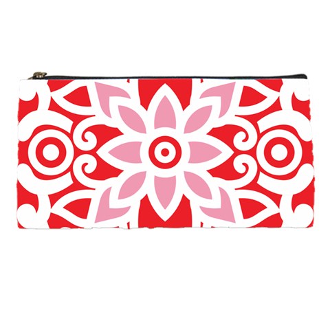 A Red And White Pattern With A Flower On It Pencil Case from ArtsNow.com Front