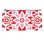 A Red And White Pattern With A Flower On It Pencil Case