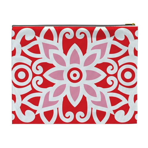 A Red And White Pattern With A Flower On It Cosmetic Bag (XL) from ArtsNow.com Back