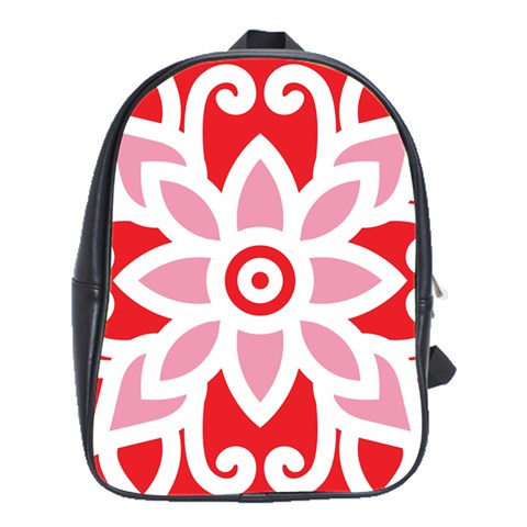 A Red And White Pattern With A Flower On It School Bag (Large) from ArtsNow.com Front