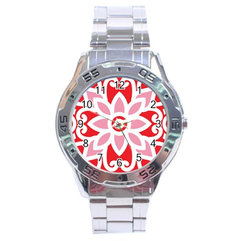 A Red And White Pattern With A Flower On It Stainless Steel Analogue Watch from ArtsNow.com Front