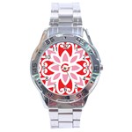 A Red And White Pattern With A Flower On It Stainless Steel Analogue Watch