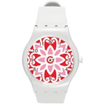 A Red And White Pattern With A Flower On It Round Plastic Sport Watch (M)