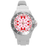 A Red And White Pattern With A Flower On It Round Plastic Sport Watch (L)